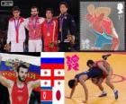 Erkekler Serbest stil 55 kg podyum, Dzhamal Otarsultanov (Rusya), Vladimer Jinchegashvili (Gürcistan), Yang Kyong-Il (Kuzey Kore) ve Shinichi Yumoto (Japan), Londra 2012